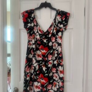 Floral Black and Red V-Neck Women's Dress